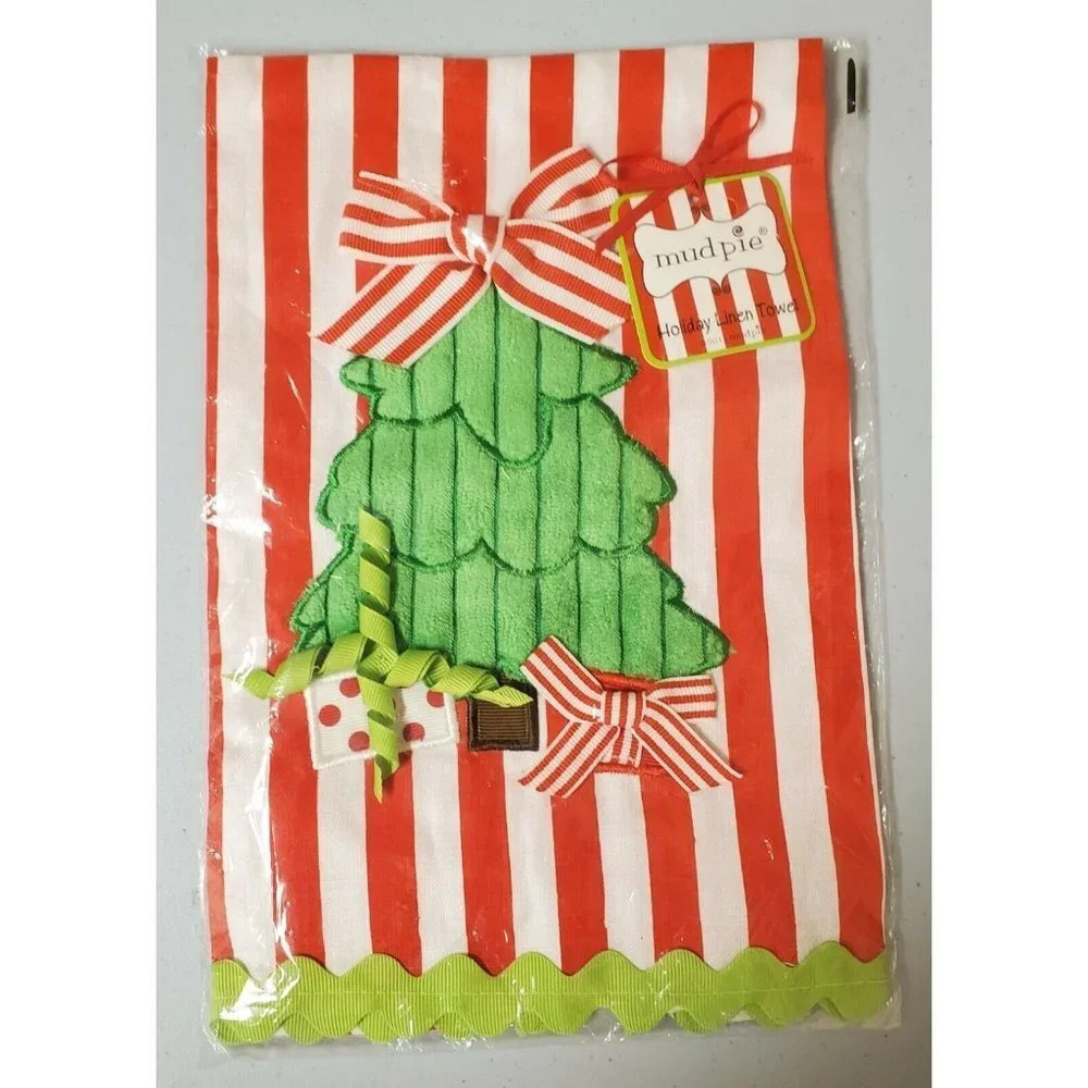 mud pie Christmas New HolidayTree Red & White Striped Linen Towel NIP